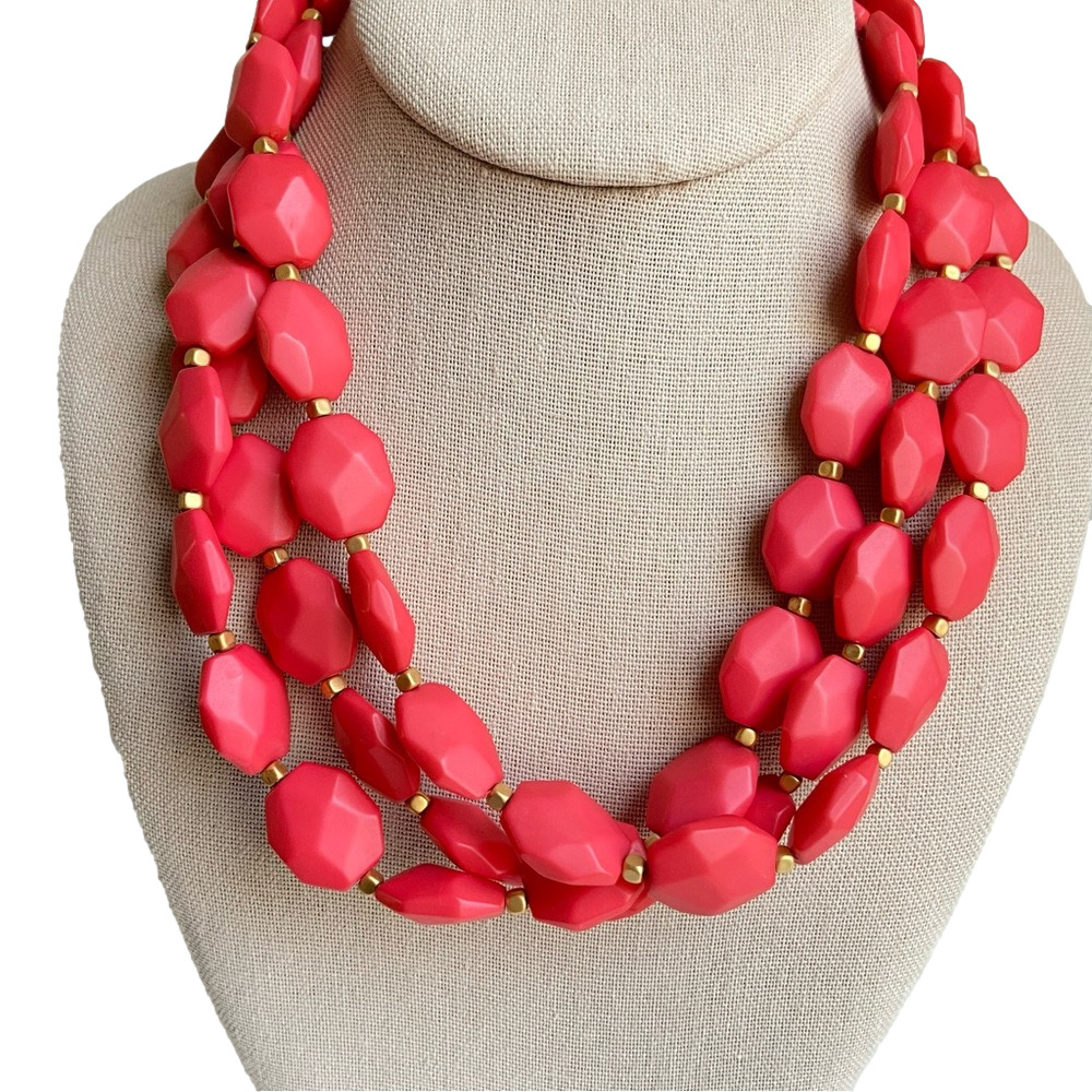 Premier Designs torsade multi strand pink acrylic beaded necklace matte goldtone